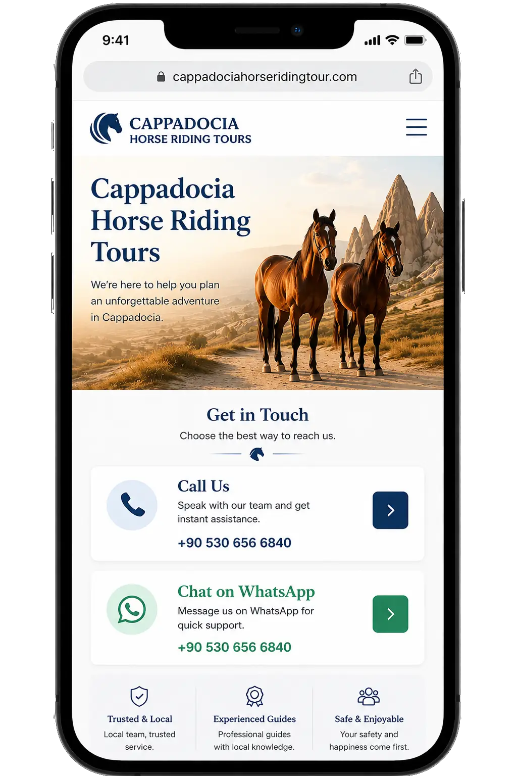 联系与预订 — Cappadocia Horse Riding Tours app screen